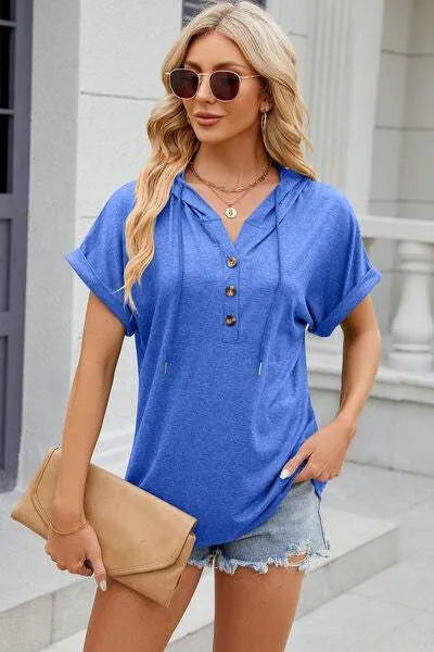 Half Button Drawstring Short Sleeve Hooded T-Shirt Ultra marine Women's T-Shirts - Tophatter Daily Deals